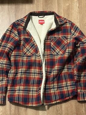 Coleman Red, Navy & Cream Plaid Sherpa-Lined Shirt Jacket